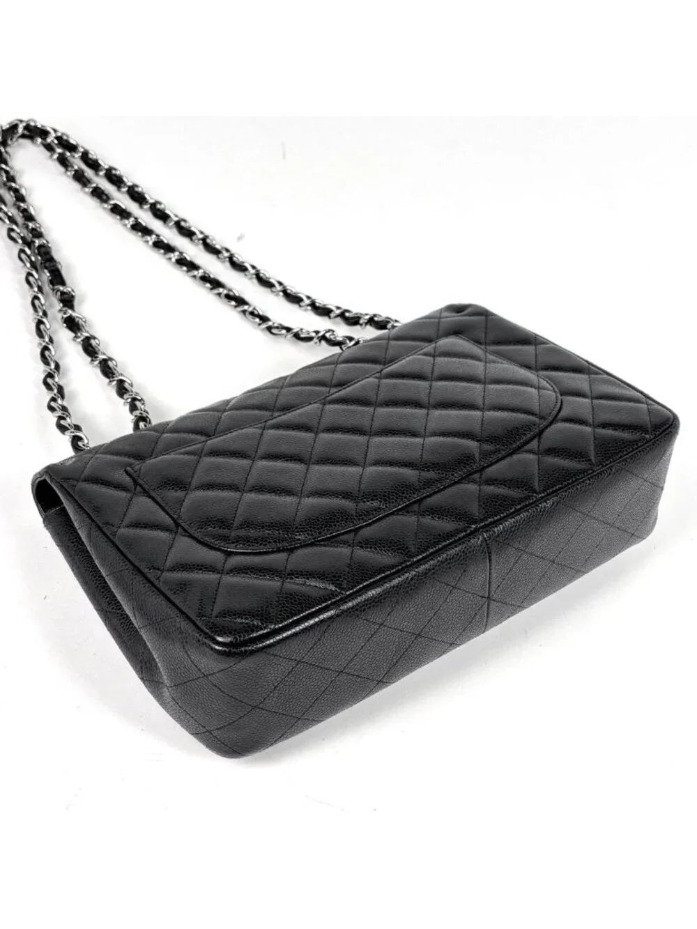 Chanel Big Quilted Shoulder Bag CC Logo Single Flap Chain Caviar Leather Black